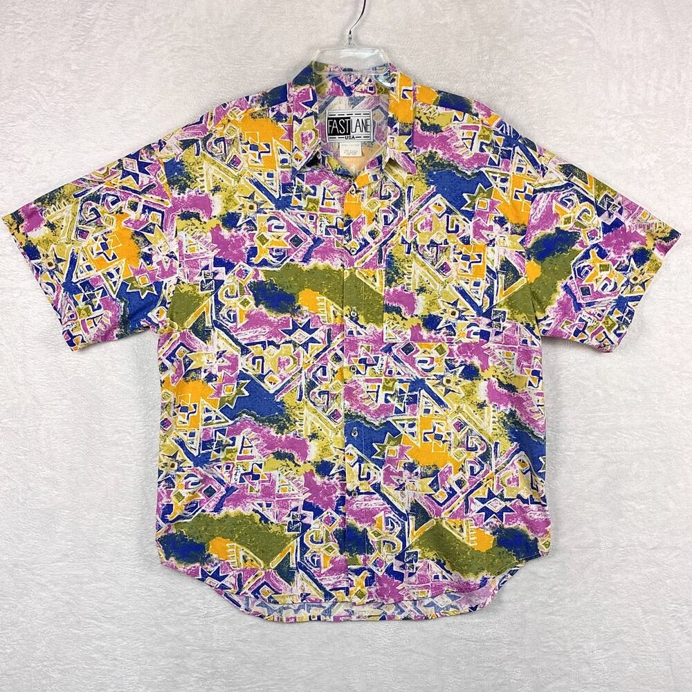 VTG Fast Lane Hawaiian Camp Shirt Mens XL Aloha Geometric Abstract AOP 80s USA